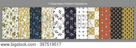 Set Of 11 Colorful And Monochrome Seamless Pattern With Stylized Skulls. Stock Vector