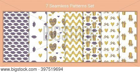 Set Of 7 Colorful Seamless Pattern With Hand Drawn Gift Boxes, Hearts, Lips. Stock Vector