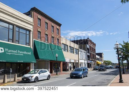 Fitchburg, Ma, Usa - Sep. 26, 2019: Historic Commercial Buildings On Main Street At Prichard Street 