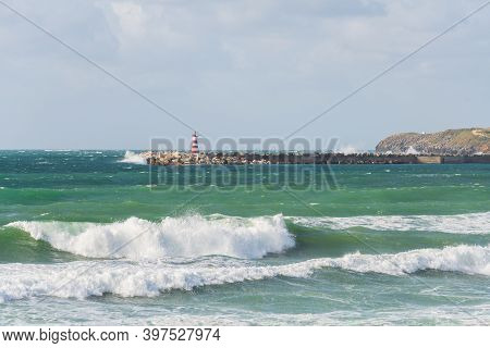 Supertubos Beach Surfing Paradise In Peniche With Lighthouse, In Portugal