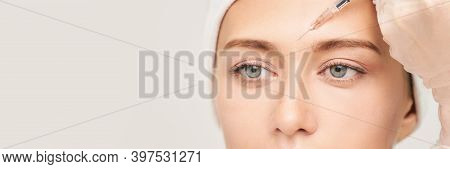 Near Eye Injection At Spa Salon. Doctor Hands. Closeup. High Quality. Pretty Female Patient. Beauty 