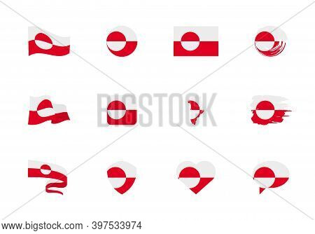 Greenland Flag - Flat Collection. Flags Of Different Shaped Twelve Flat Icons.
