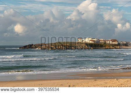 Baleal Island Beach And Beautiful Houses With Surfers On The Atlantic Ocean In Peniche, Portugal