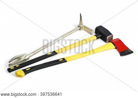 Large Yellow Sledgehammer, Axe And Hooligan Pinch-bar From Firefighters Toolbox Isolated On White Ba