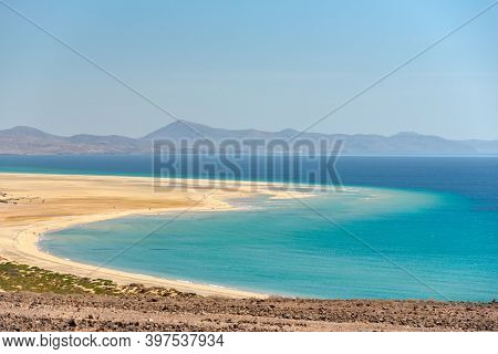 View At Playa De Sotavento, Fuerteventura In Spain In Summer.