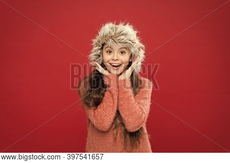 Soft Furry Accessory. Winter Season. Shopping Concept. Keep Head In Warmth. Feeling Warm. Child Long