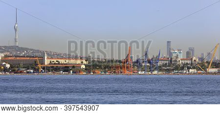 Istanbul, Turkey - October 05, 2020. View Of Port Of Haydarpasa In The Bosphorus Strait And Camlica 