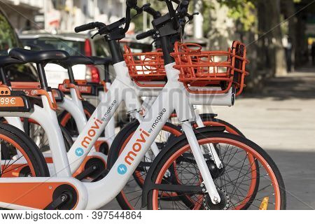Madrid, Spain - Sep 26, 2020: Movi Electric Bicycles From Mobike Company, Parked Near O'donell Stree