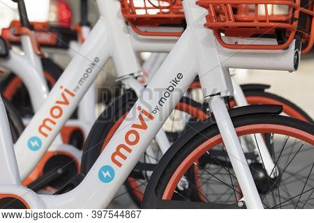 Madrid, Spain - Sep 26, 2020: Movi Electric Bicycles From Mobike Company, Parked Near O'donell Stree