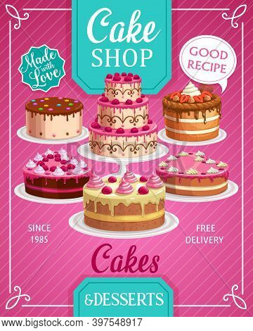 Cakes Shop Vector Bakery, Sweet Confectionery Production Store, Pastry Bakery And Patisserie Pies. H