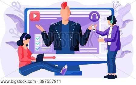 Rocker In Leather Jacket On A Computer Screen. Girl Working With Laptop And Watching Movie. Guy In H