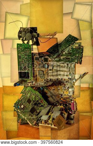 Collage Of Abstract Shapes Made Of Computer Circuit Boards, Stylization