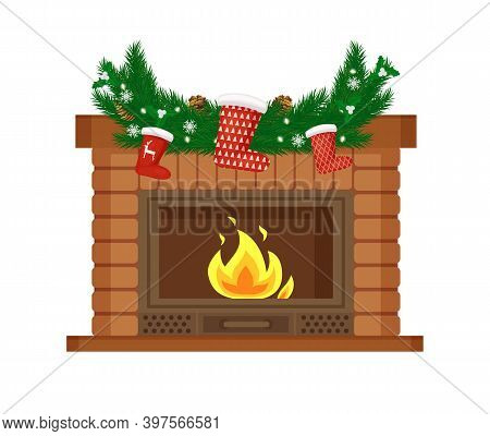 Fireplace Decorated For Christmas Holiday Vector. Pine Tree Branches With Needles And Snowflakes, So