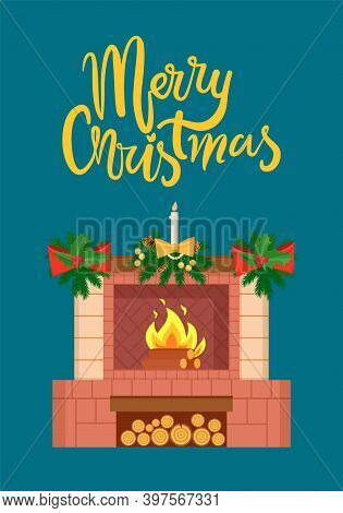 Merry Christmas Fireplace Decorated With Bows Vector. Redbrick Construction With Flames And Fire, Ca