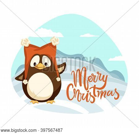 Merry Christmas Penguin Wearing Warm Hat Winter Holiday Vector. Landscape With Hills Covered By Snow