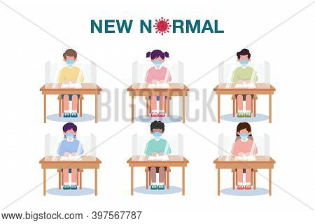 New Normal Concept Illustration With Kids Wearing Face Mask And Social Distancing Protect Covid-19 D