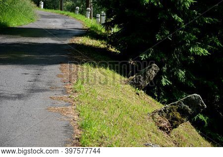 Mountain Road With Traditional White Stone Bollards With A Black Stripe. Old Stone Pillars Of Granit