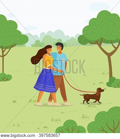 In Love Couple Of Young Girl And Guy Wallking With Dog At Leash In Summer Park, Happy People Spend T