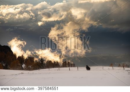 Snowy early winter landscape in Alpe di Siusi. Dolomites Italy - winter holidays destination