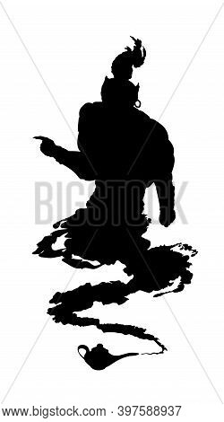 Arabic Genie Lamp Black Silhouette Isolated On White Background. Outline Of Figure Of Hero Of Easter