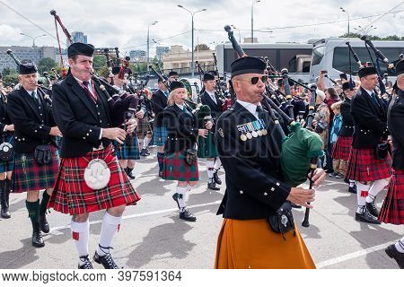 Moscow, Museon Park, September 4, 2016: Pipers In Traditional Scottish Uniform Playing The At Moscow