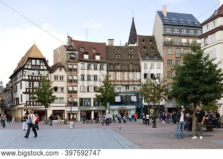 Strasbourg, France - September 09, 2010: The Ancient Houses On The Kleber Square In Strasbourg. Alsa