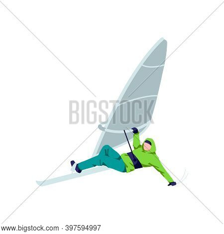 Windboarder Windsurfing On Snow. Athlete Character In Warm Clothing Windboarding, Extreme Winter Spo