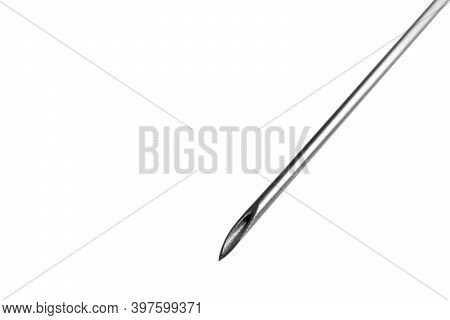 Macro Shot Needle Tip Of An Injection Syringe.  Injection Syringe Needle Isolated On White Backgroun