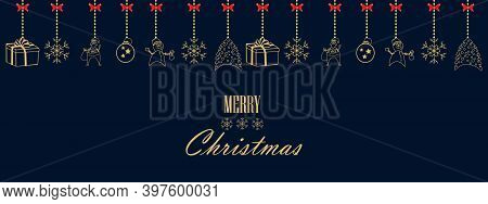 Set Of Golden Christmas Ornaments Hanging From A Border Isolated On Dark Background. Christmas Or Ne