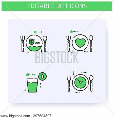 Diet Line Icons Set. Calorie Count, Healthy Nutrition Concept. Low Carb Diet. Water Balance. Nutriti
