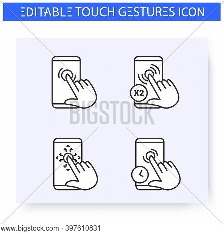 Tap Hand Gestures Line Icons Set. Single And Double Touch, Drug, Touch And Hold.multitouch Gestures 