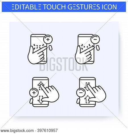 Zoom Hand Gestures Line Icons Set.vertical And Horisontal Zoom.pinch, Sizing. Multitouch Gestures Fo