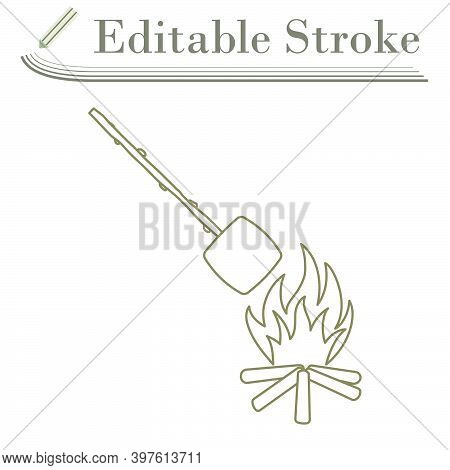 Iicon Of Camping Fire With Marshmallow. Editable Stroke Simple Design. Vector Illustration.