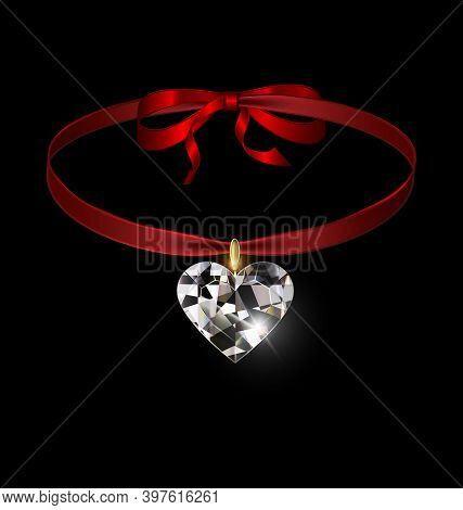 Black Background And Jewel Pendant Heart With Red Tape