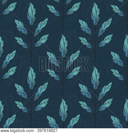 Vector Seamless Pattern With Foliate Twigs With Blue Leaves On Dark Blue Background; For Greeting Ca