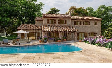 3D rendering of a Mediterranean style villa with pool and garden