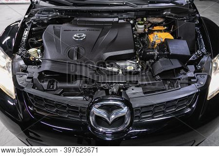 Novosibirsk, Russia - November 26, 2020: Mazda Cx7, Car Engine Close-up. Internal Combustion Engine,