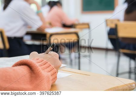 Hand Student Taking Exam Or Test In Exercise Taking Fill In Exam Carbon Paper Computer Sheet With Pe