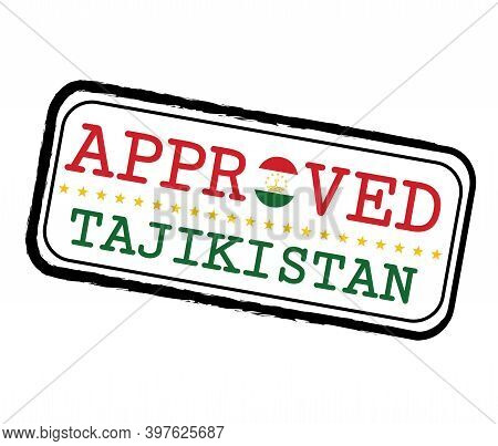 Vector Stamp Of Approved Logo With Tajikistan Flag In The Shape Of O And Text Tajikistan. Grunge Rub
