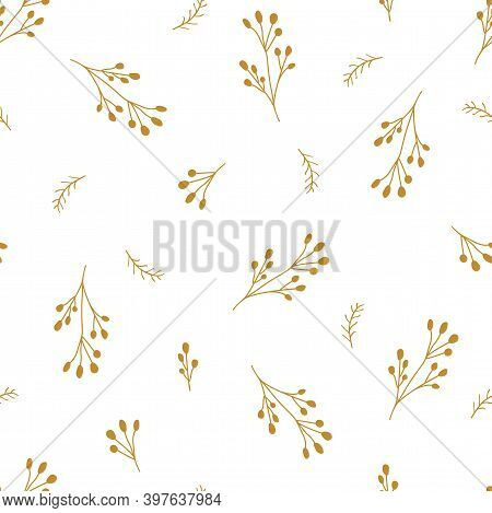 Gold Floral Chrisrmas Pattern. Gold Berry Background. Golden Textured Print Fir Branches, Winter Ber