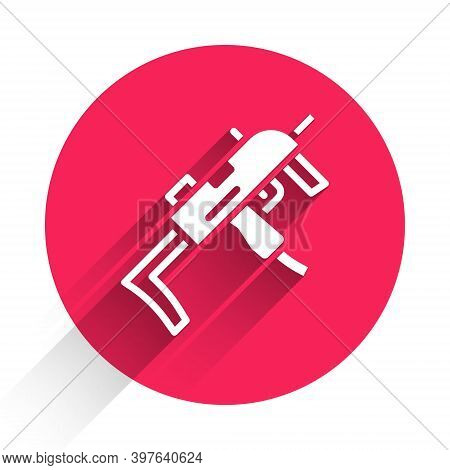 White Mp9 Submachine Gun Icon Isolated With Long Shadow. Automatic Weapon. Red Circle Button. Vector
