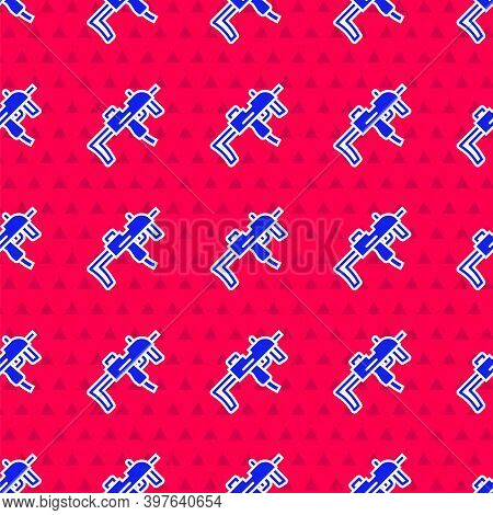 Blue Mp9 Submachine Gun Icon Isolated Seamless Pattern On Red Background. Automatic Weapon. Vector