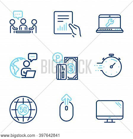 Technology Icons Set. Included Icon As Swipe Up, Parking Payment, Laptop Repair Signs. Timer, 5g Int