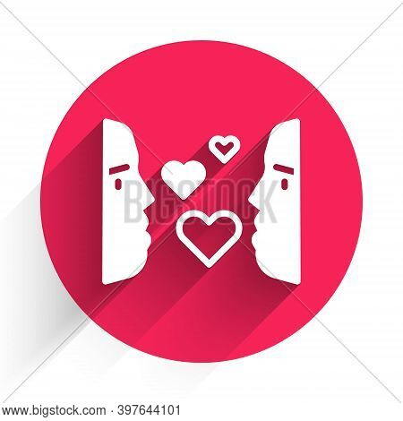 White Love At First Sight Icon Isolated With Long Shadow. Red Circle Button. Vector