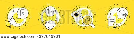 Smartphone Statistics, Patient History And Loan Percent Line Icons Set. Megaphone, Licence And Deal 