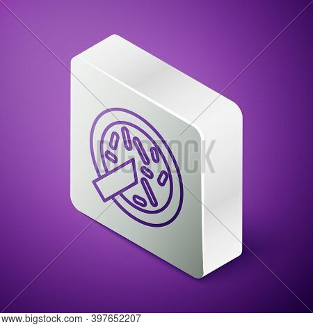 Isometric Line Petri Dish With Bacteria Icon Isolated On Purple Background. Silver Square Button. Ve
