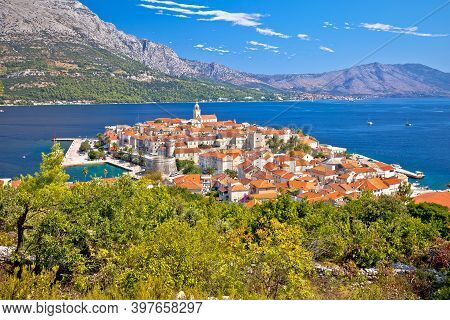 Historic Town Of Korcula Panoramic View, Island In Archipelago Of Southern Croatia