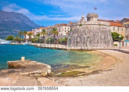 Historic Island Town Of Korcula Beach And Stone Walls View, Southern Dalmatia Archipelago Of Croatia