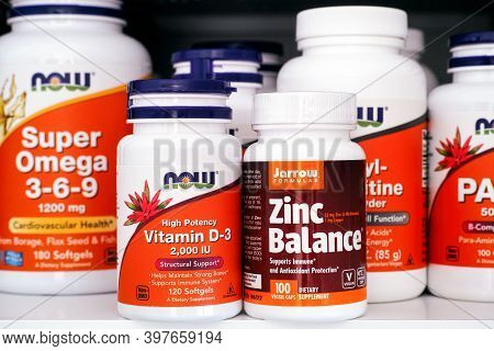Tambov, Russian Federation - October 28, 2020 Bottle Of Vitamin D3 By Now And Bottle Of Zinc Balance