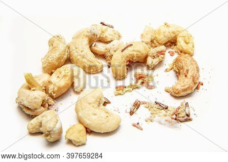 A Picture Of Cashew Nuts Infested With Caterpillars And Butterflies Of The Meal Moth. Isolated On A 